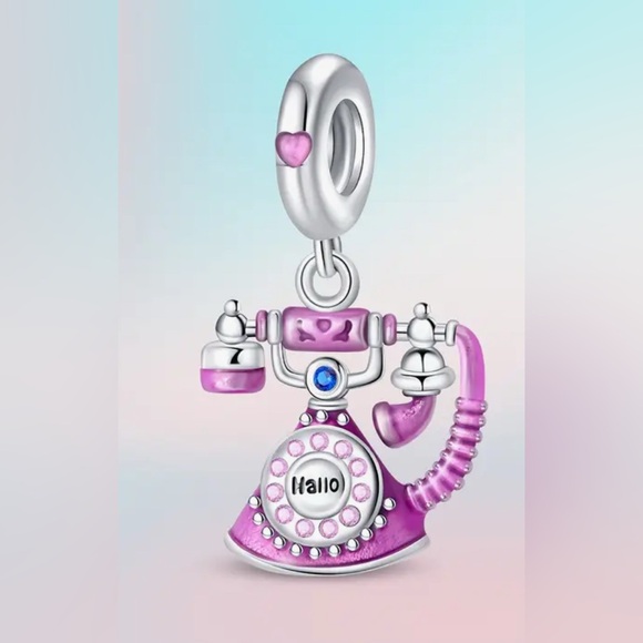Silver & Purple Dangle Telephone Charm For Pandora Braclets - Picture 1 of 5
